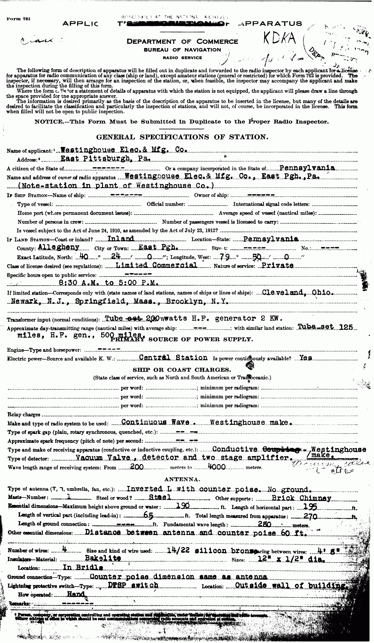 Form 761 for KDKA first licence - 1st page