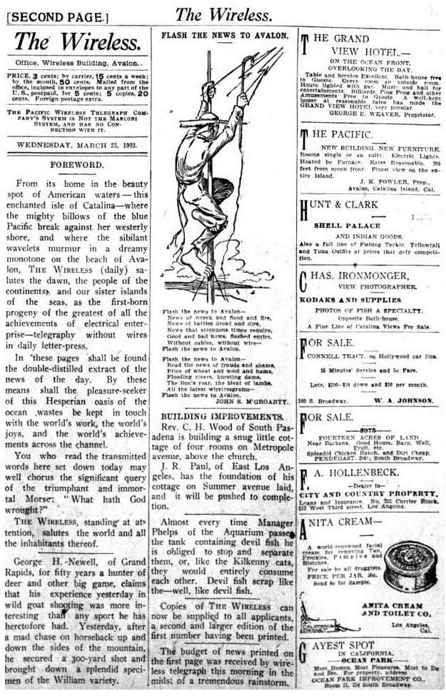 Page 2 of the debut March 25, 1903 issue of the The Wireless, Avalon (California)