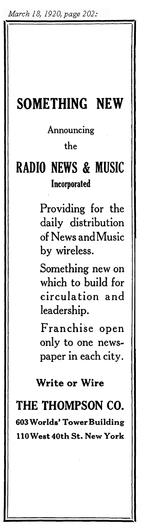 March 18, 1920 Radio News & Music ad