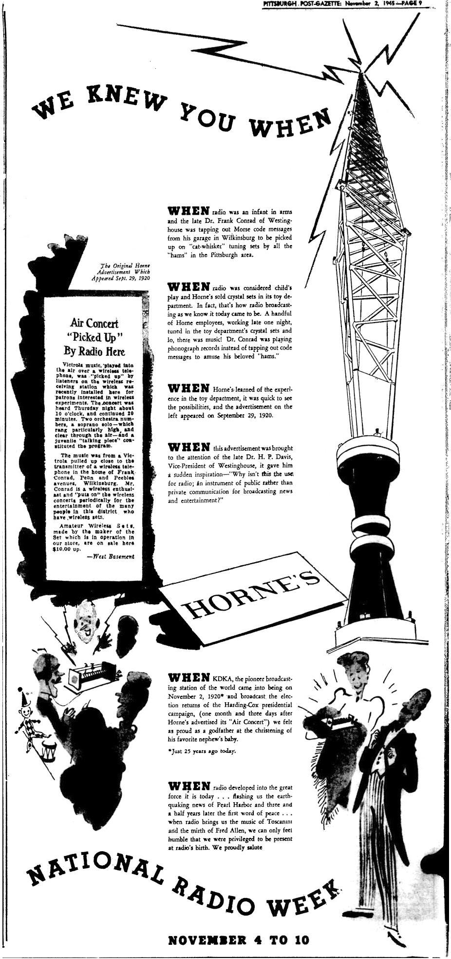 1945 Horne Department Store advertisement for KDKA