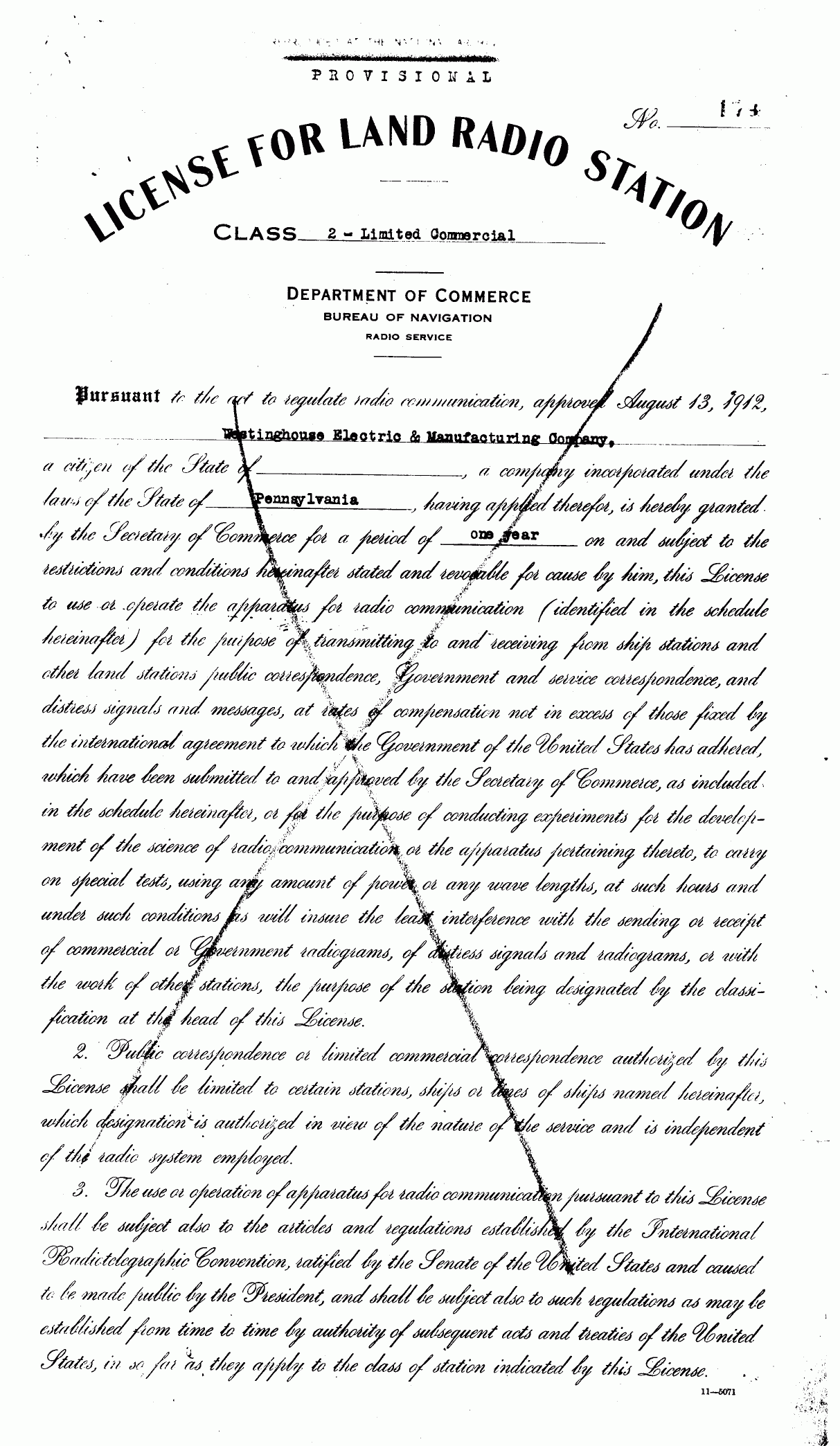KDKA second licence (November 7, 1921) - 1st page